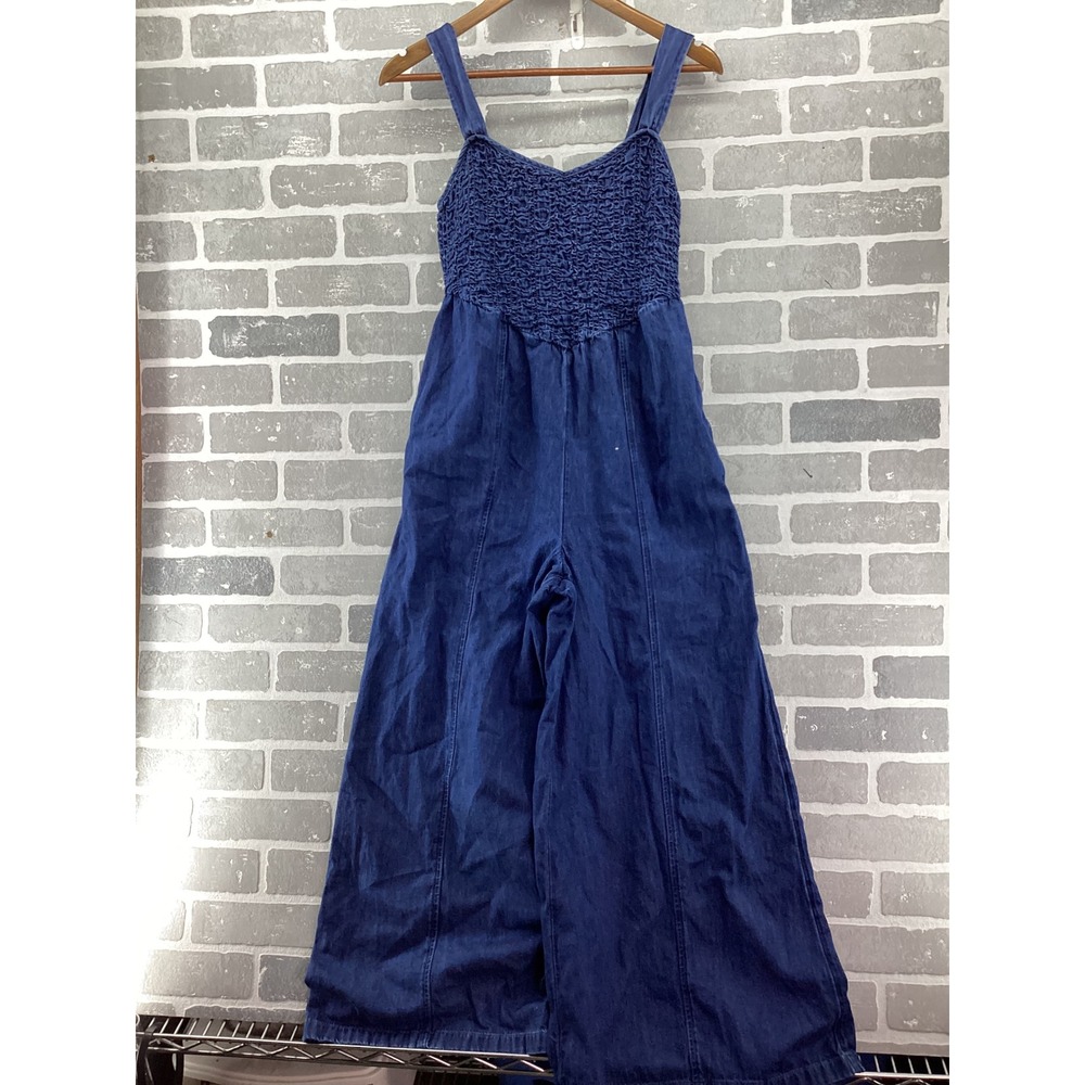 Womens Navy Smocked Jumpsuit